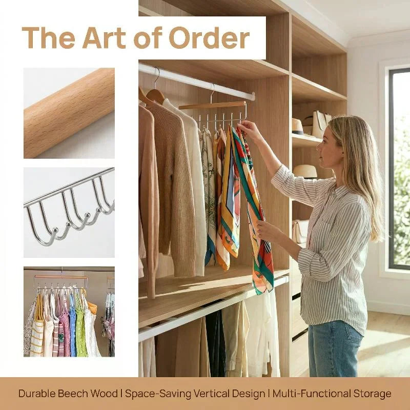 Wooden Hat Organizer Rack with Hooks – Caps, Belts & Ties