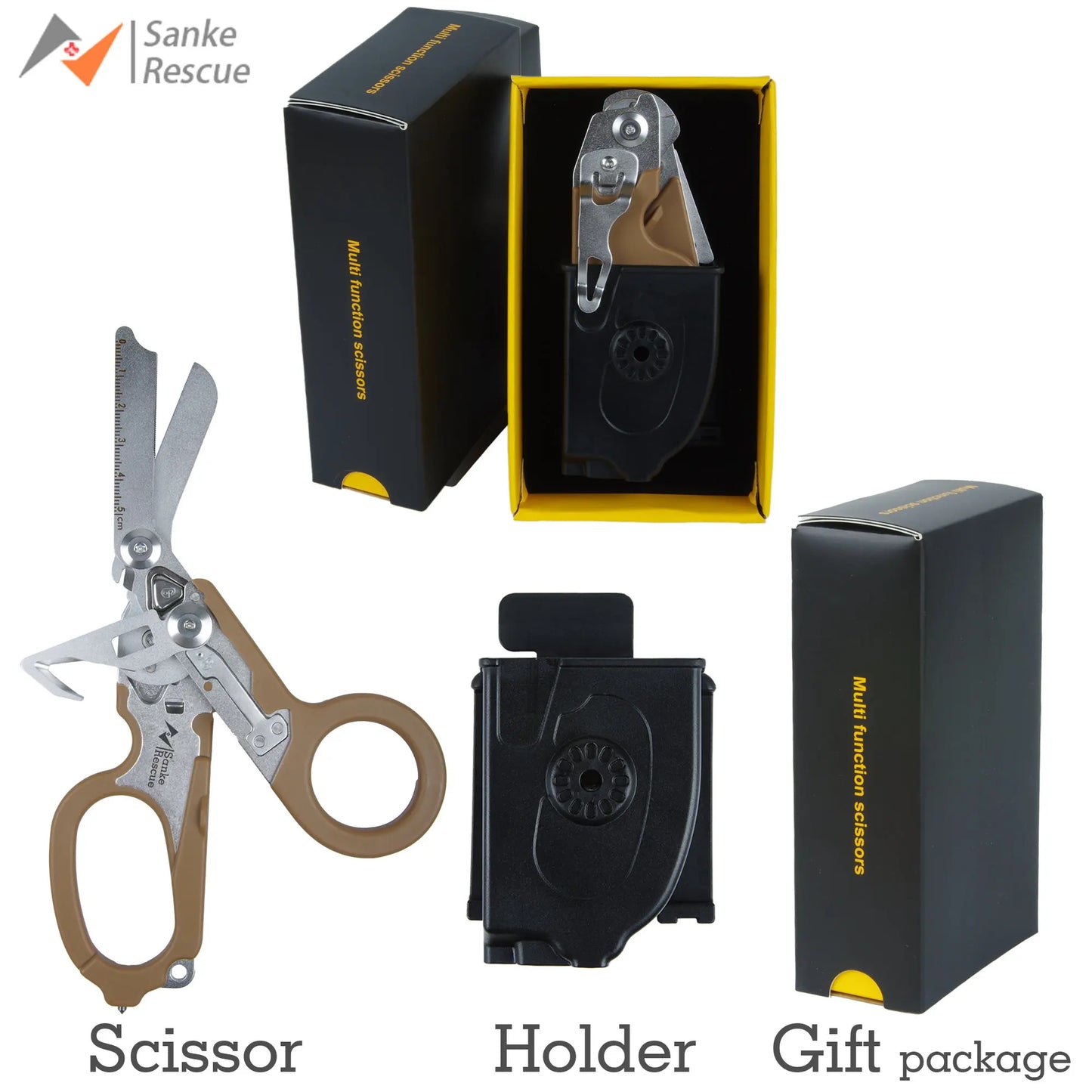Sanke Rescue Trauma Shears Emergency Scissors Tool Stainless Steel Foldable Trauma Shears with Strap Cutter Glass Breaker EDC Peaceful Pleasures Health and Wellness Khaki set