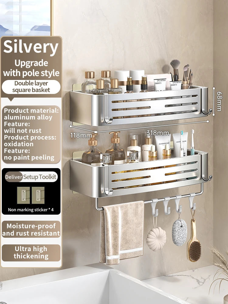 YUNJIEYA Adhesive Corner Shower Shelf | No-Drill Aluminum Rack