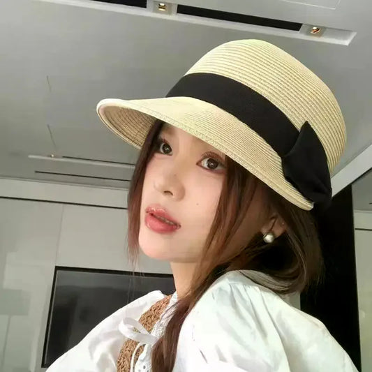 Women's Vintage Straw Sun Hat – French Flat Top Bow Beach Cap Women's Straw Hat Oasis Select
