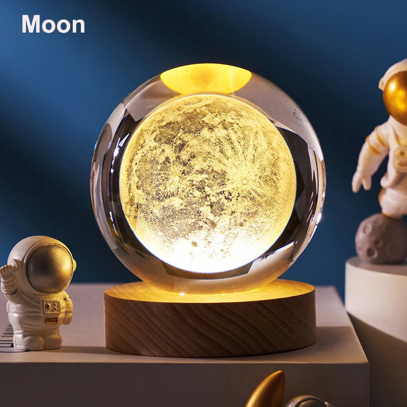 6cm 3D Crystal Ball Decoration 2026 Astronomy Solar System Planets Moon Astronaut LED Balls Home Snow Glass Globe Decorations Peaceful Pleasures Health and Wellness Moon USB Plug