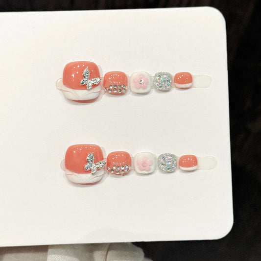 12pcs 3D Butterfly Nail Art Handmade Press On Toe Nails Translucent Pink With Rhinestone Classic White French Glitter False Nail Peaceful Pleasures Health and Wellness L