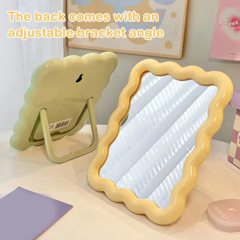 Corrugated Desktop Makeup Mirror Solid Color Simple Portable Handheld Makeup Mirror Foldable Student Compact Cute Mirror Peaceful Pleasures Health and Wellness