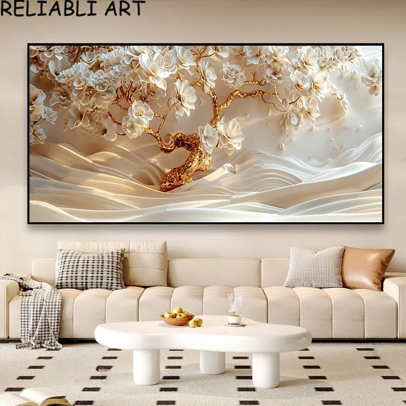 3D Golden White Flower Tree Poster and Prints Light Luxury Canvas Painting Wall Art Pictures for Living Room Home Decor No Frame Peaceful Pleasures Health and Wellness