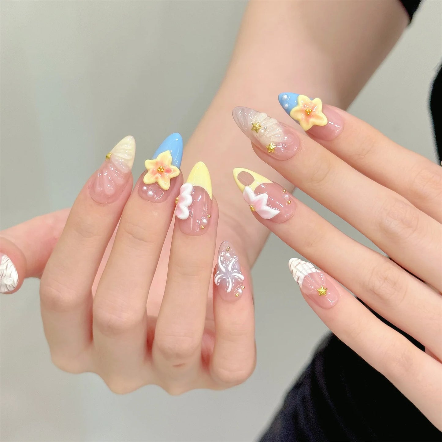 Handmade Press on Nails Blue Island Butterfly False Nails Wearable 3D Flower Decor Long Carved Almond Spice Girls Fake Nail Tips Peaceful Pleasures Health and Wellness