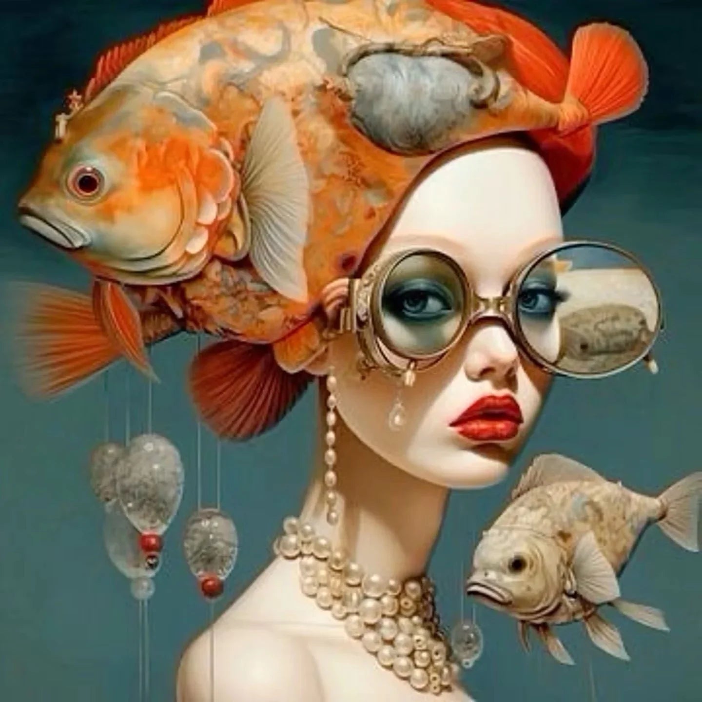 Surrealism Woman & Fish Canvas Wall Art | Fantasy Portrait Print