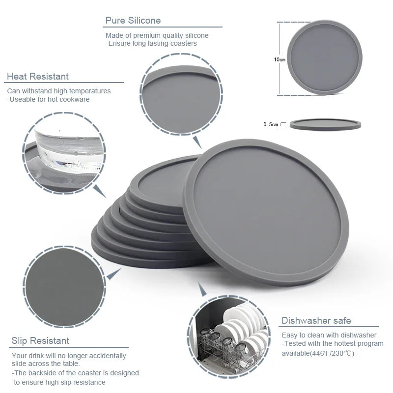 6-Piece Non-Slip Silicone Coaster Set with Holder – Round Cup Mats for Home & Kitchen