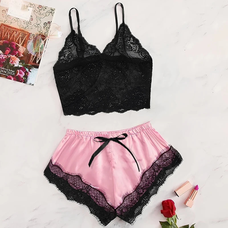 2PCS Women's Satin Pajama Set Lace Cami Top and Shorts Sexy Lingerie Sleepwear Summer Breathable Nightwear Black And Pink Peaceful Pleasures Health and Wellness Pink L