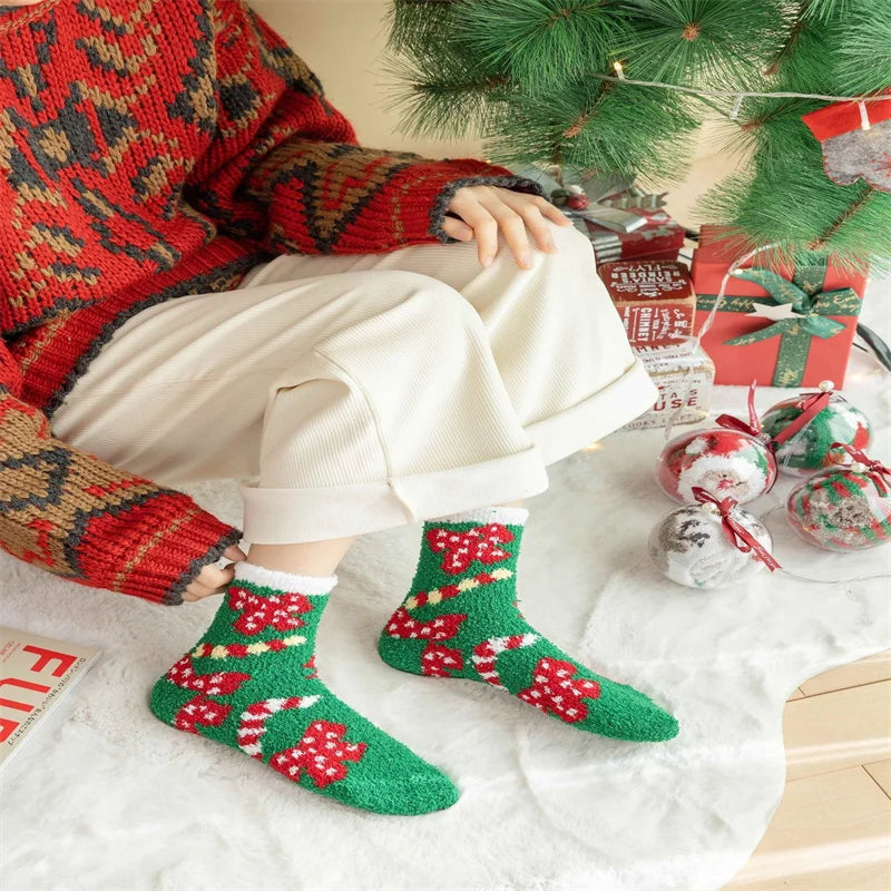 1 Pair of Coral Fleece Christmas Socks, Cute Elk Snowman Gift Socks, And Plush Mid Tube Men's And Women's Floor Sleeping Socks Peaceful Pleasures Health and Wellness