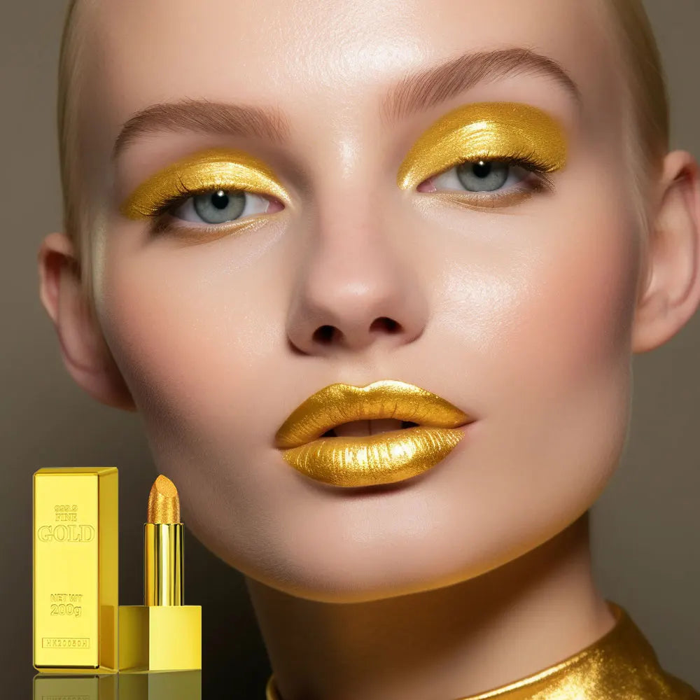 Shimmer Gold Lipstick Metallic Glitter Sexy Lipsticks Long Lasting Batom Waterproof Cosmetic Gold Brick Tube Design Gift 3.5g Peaceful Pleasures Health and Wellness