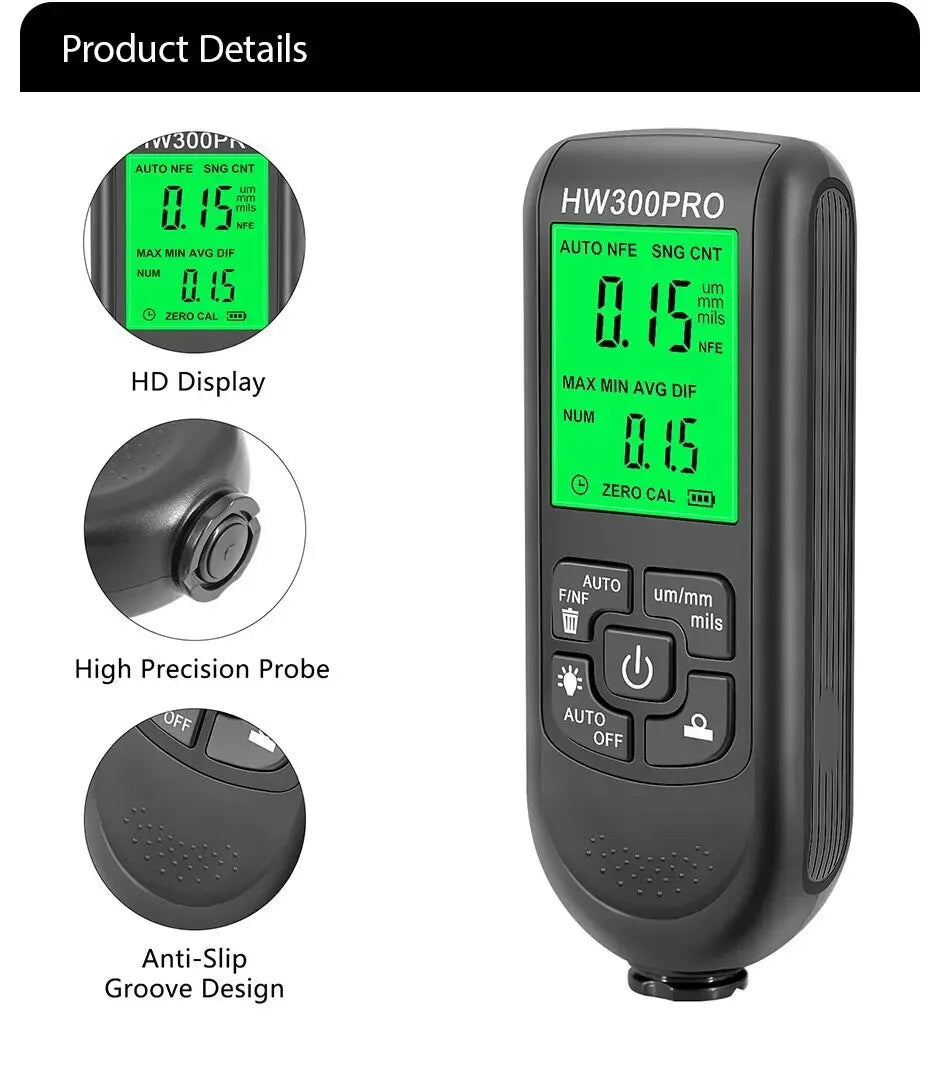 HW-300PRO Car Paint Film Automatic Thickness Gauge 0-2000UM Fe & NFe Coating Thickness Tester Manual Automotive Paint Tools Peaceful Pleasures Health and Wellness