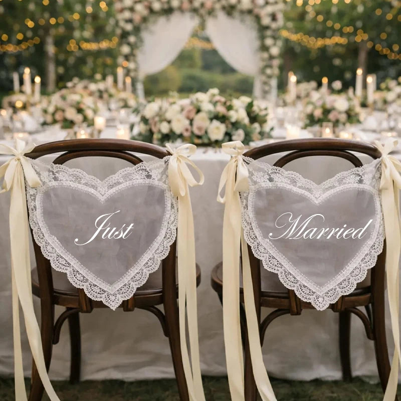 Just Married Heart Lace Chair Sign | Bride & Groom Wedding Decor