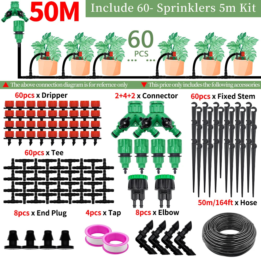 5-50M 1/ 4'' Greenhouse Garden Drip Irrigation Automatic Watering System Kit Nozzles for Bonsai Pot Plant Lawn Flower Vegetable Peaceful Pleasures Health and Wellness 50M