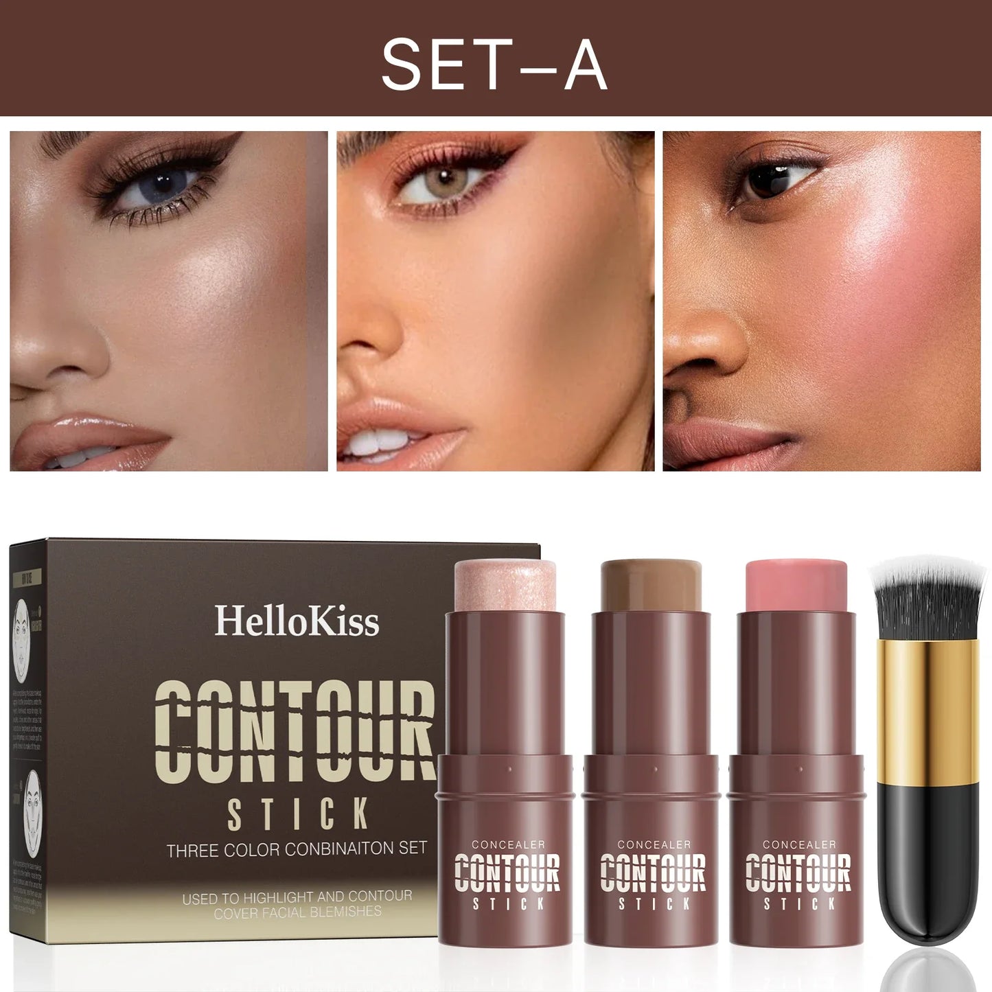 Hello Kiss 4-Piece Contour Stick Set – Highlighter, Blush & Bronzer