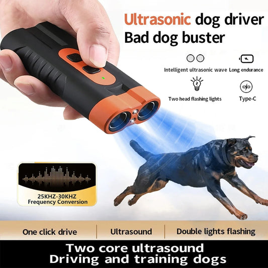 New Dual Head Ultrasonic Dog Repeller High Power Anti Bark Device USB Rechargeable Dog Training Device with LED Flashlight Peaceful Pleasures Health and Wellness