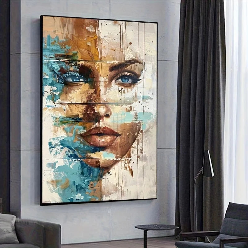 Modern Abstract Floral Woman Canvas Art Print - Vibrant Blue & Golden Hues, Indoor/Outdoor Use, Frameless Wall Decor Artwork Peaceful Pleasures Health and Wellness
