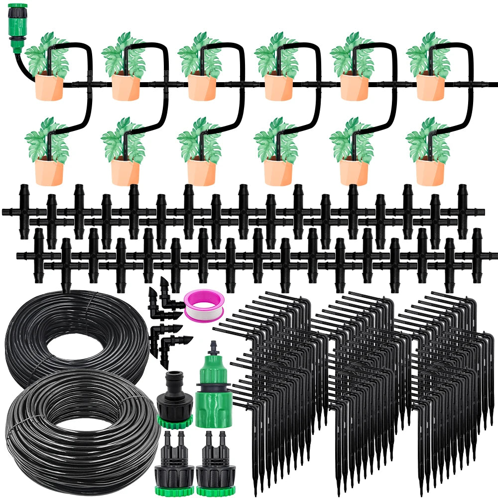 Greenhouse Drip Irrigation Kit Automatic Watering System Garden 4-Way 4/7mm to 3/5mm Hose Dripper for Pot Plant Vegetable Bonsai Peaceful Pleasures Health and Wellness
