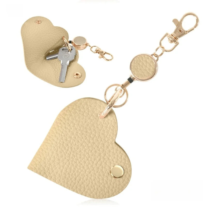 Heart-Shaped Leather Key Bag | Retractable Pull Tab Organizer