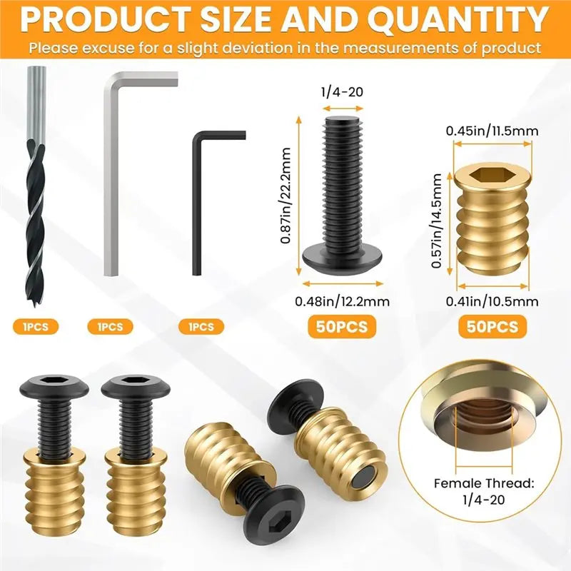 A36T-Furniture Screw Kit 50 Sets 1/4-20 X 19/32" Threaded Insert, Bolt Hex Socket Drive For Wood Assorted Peaceful Pleasures Health and Wellness