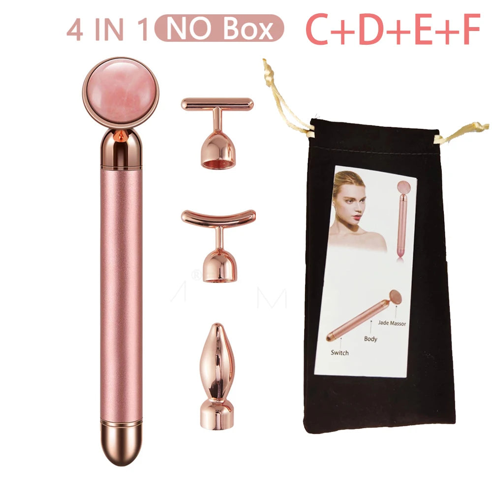 New Electric Vibrating Jade Roller Massager For Slimming Face Lifting Rose Quartz 3D Roller Stone Facial Skin Care Beauty Tool Peaceful Pleasures Health and Wellness 4 IN 1 No Box