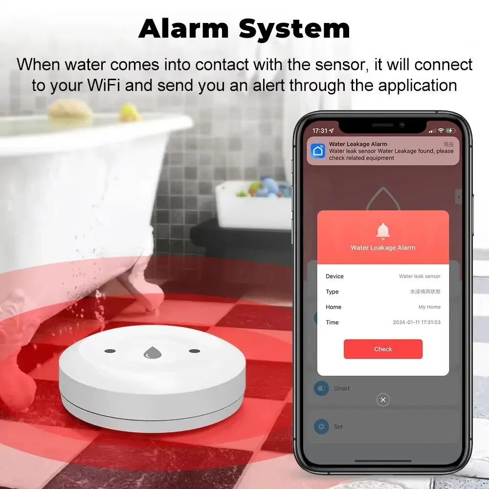 Alarm Function ZigBee Water Sensor APP Remote Monitoring ZigBee 3.0 Flood Water Detector Smart Life Control Peaceful Pleasures Health and Wellness