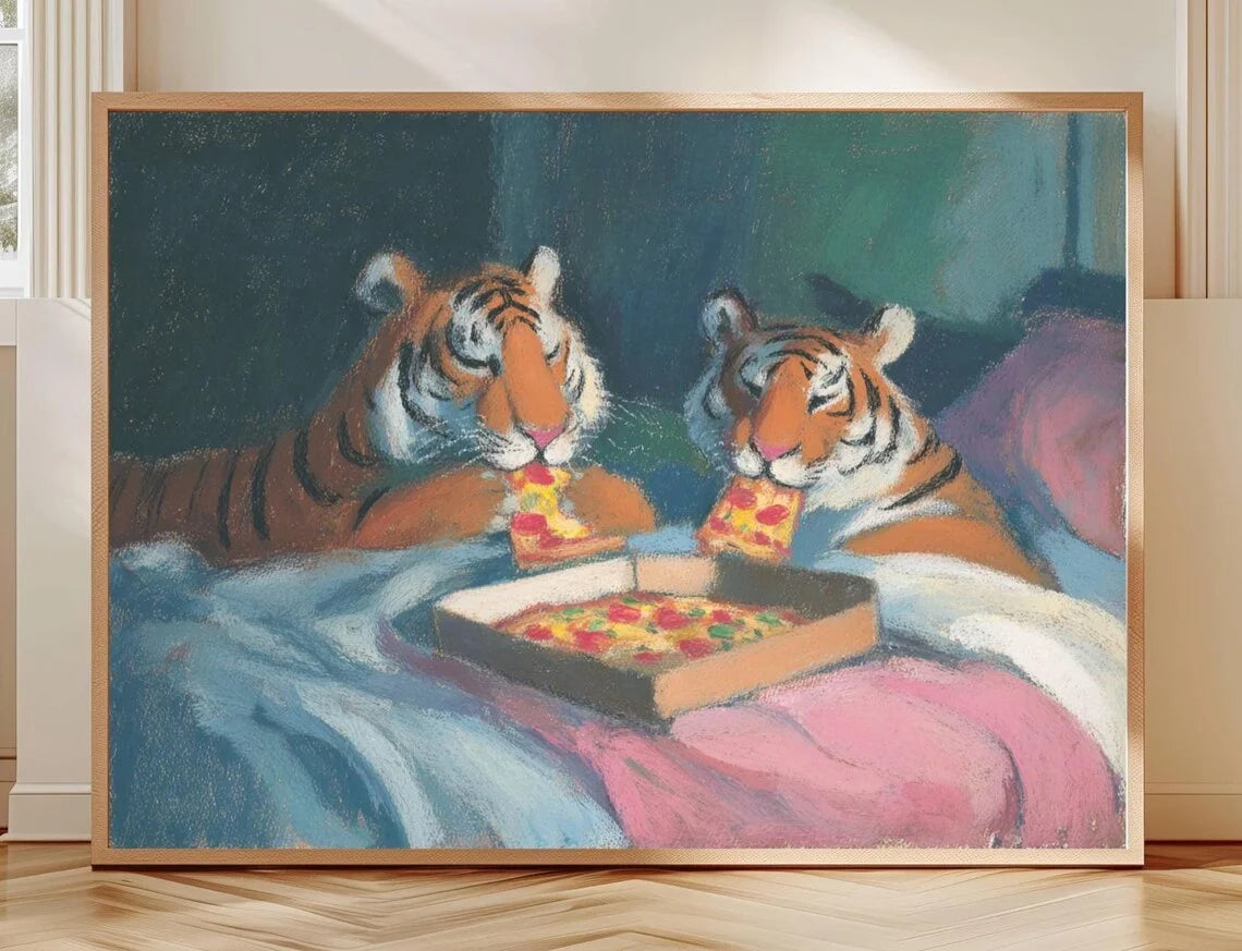Tiger Pizza Retro Canvas Wall Art | Dopamine Decor Print