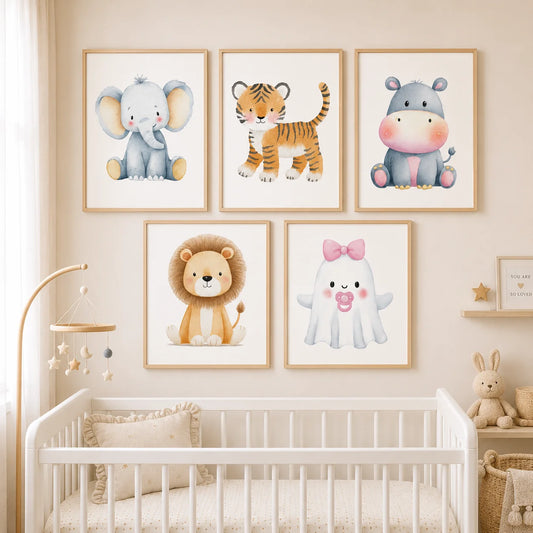 Nursery Animal Canvas Wall Art | Tiger Hippo Lion Kids Poster Canvas Wall Art Peaceful Pleasures Health and Wellness