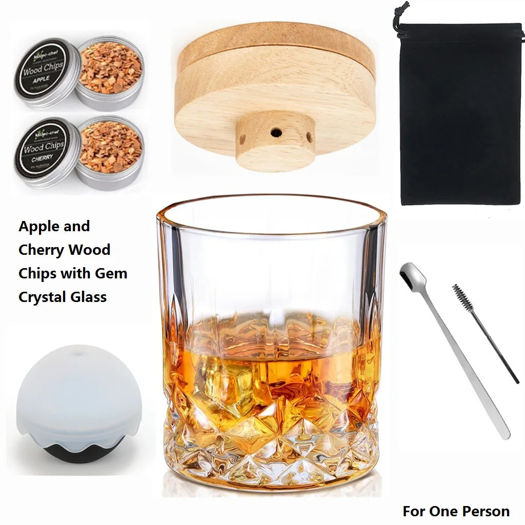 Cocktail Smoker Kit Whiskey Glass with Wooden Smoked Wood Hood Smoker For Drinks Kitchen Bar Accessories to Make Special Whiskey Peaceful Pleasures Health and Wellness 2 Woods Ice Ball