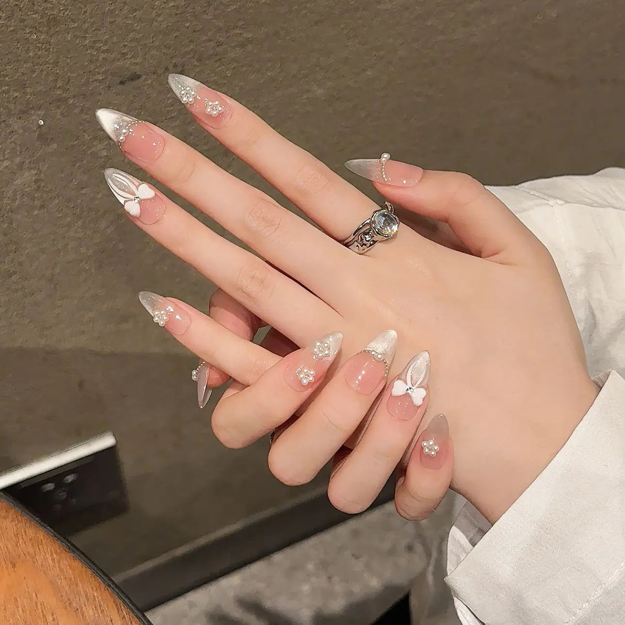 Handmade Press on Nails Sweet Bowknot Pearl Decor French Fake Nails for Women Girl Wearable Shiny Cat Eye Bride False Nail Tips Peaceful Pleasures Health and Wellness