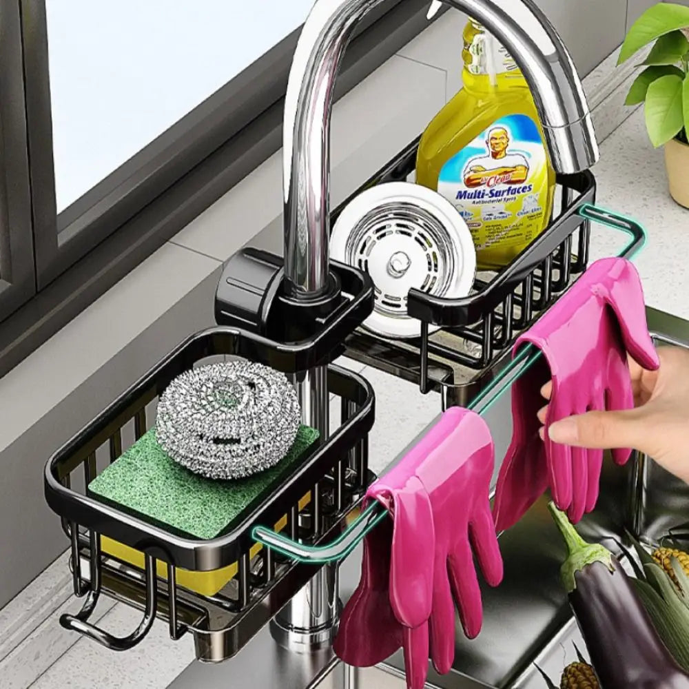 Space Aluminum Kitchen Sink Drain Rack Bathroom Organizer Soap Drainer Shelf Sponge Storage Basket Save Space Multipurppse Peaceful Pleasures Health and Wellness