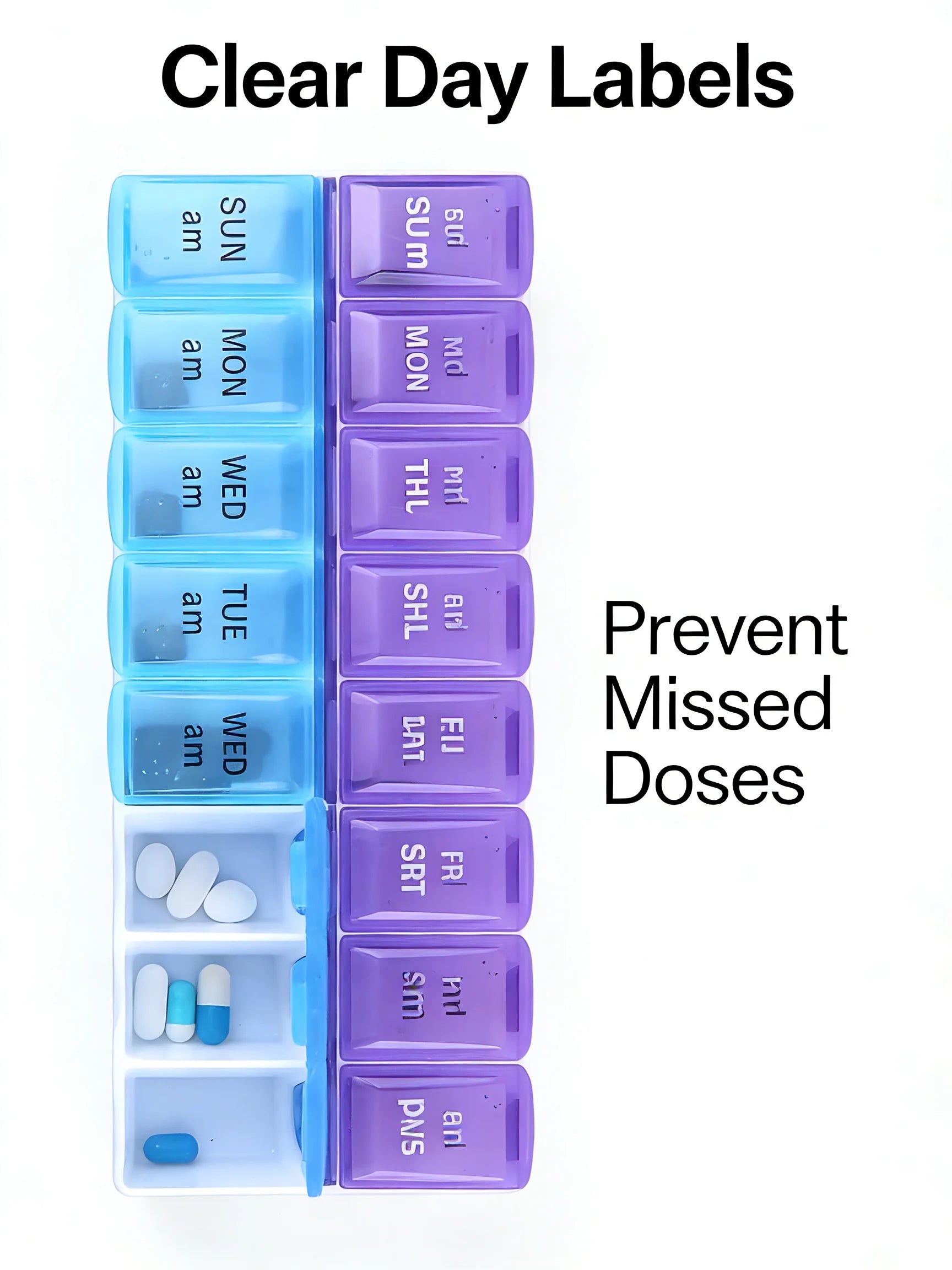 Multivitamin pill organizer with clear day labels on a white background