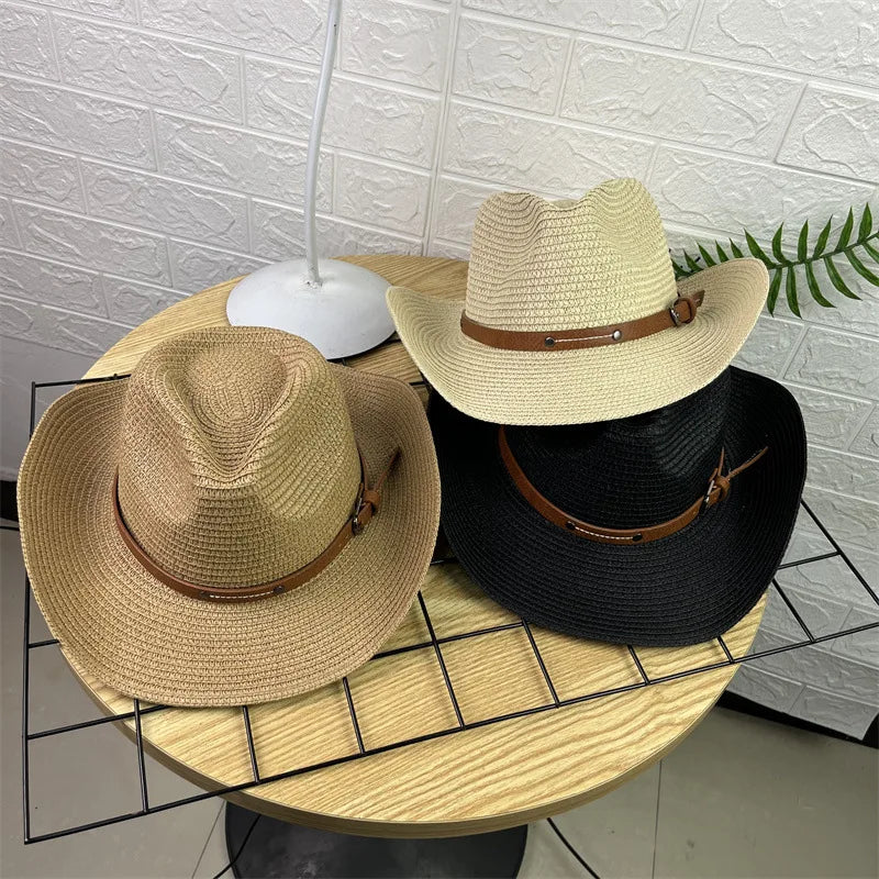 Wide Brim Straw Cowboy Hat – Unisex Sun Protection Summer Hat