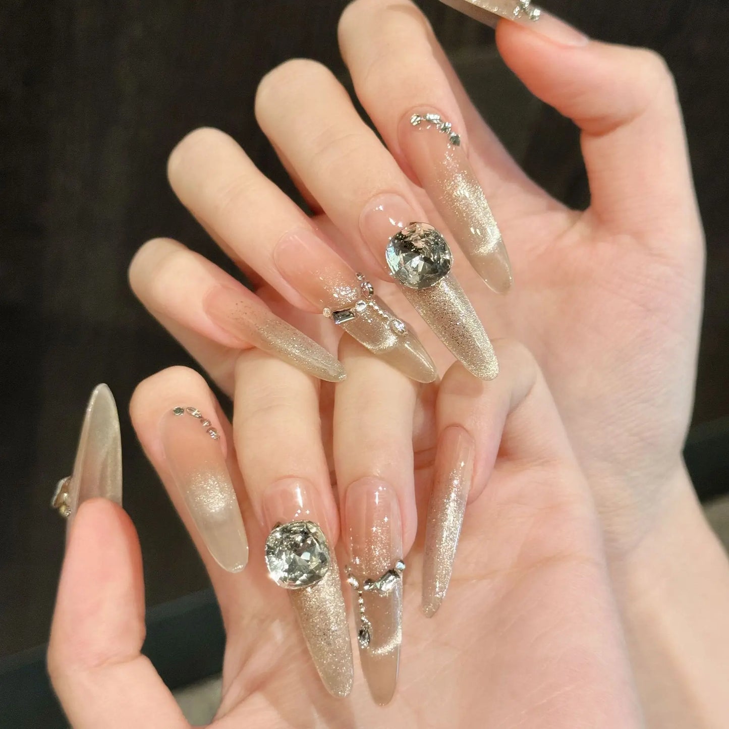 Press On Nails Glitter Gold Cat Eye Long Oval | 10pc Set