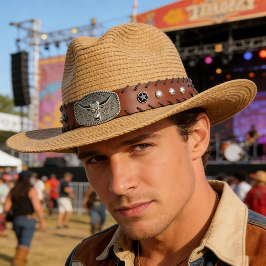 Straw Western Cowboy Hat Bull Skull Buckle Leather Band Wide Brim Peaceful Pleasures Health and Wellness