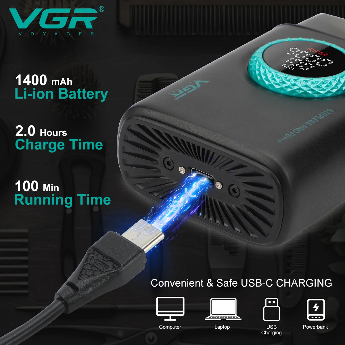 VGR high-end men's shaver alloy reciprocating three blade shaver LED intelligent digital display 9000 speed hair trimmer V-378 Peaceful Pleasures Health and Wellness