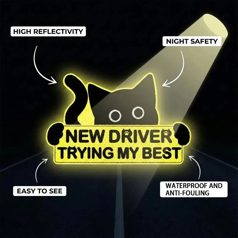 3-Pack Cute Cat New Driver Reflective Safety Car Stickers