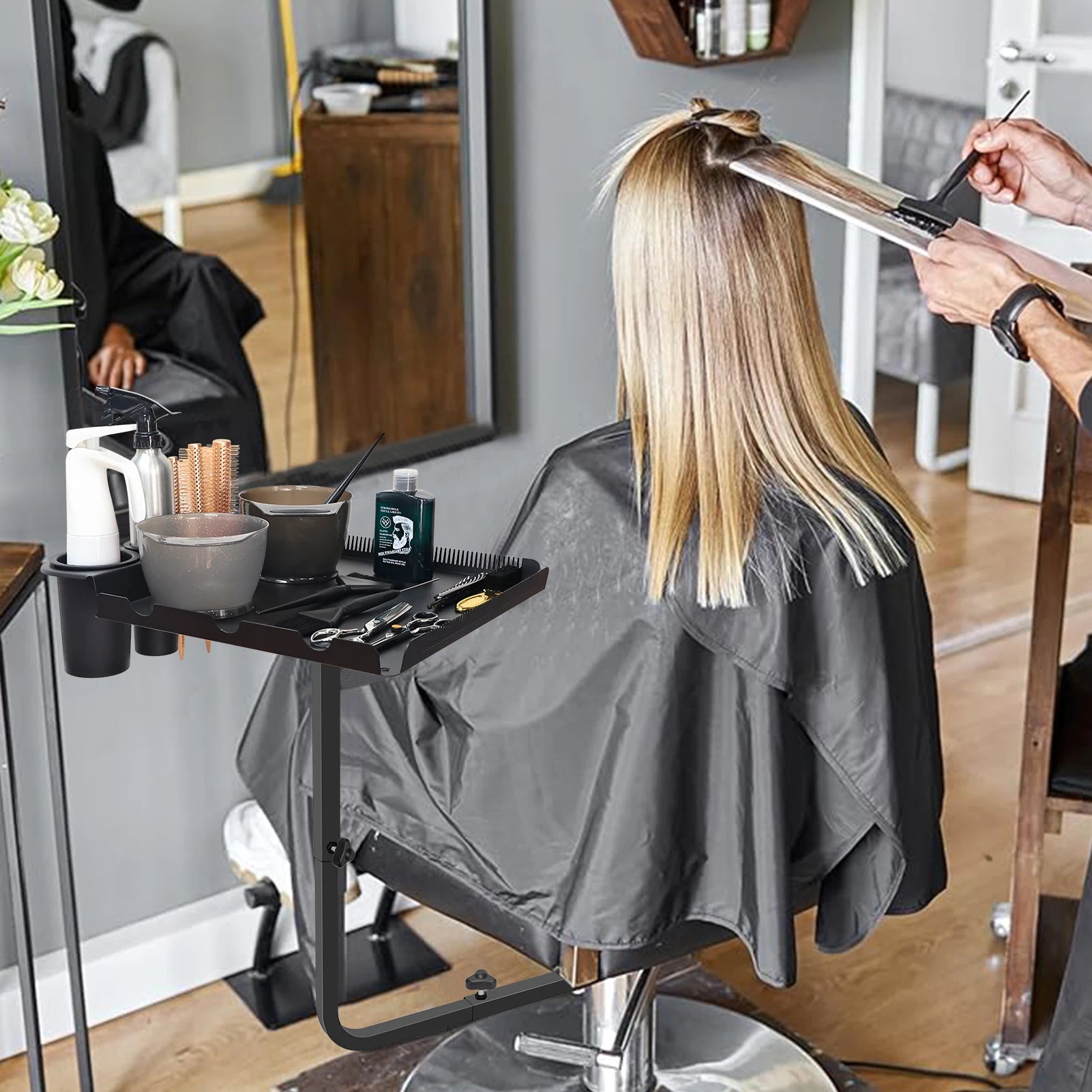 Barber Tray Cart Aluminum Tray Hairstylist Lnstalled On Chair Adjustable- Height 360-Degree Rotating Tray for Salon Spa Tattoo Peaceful Pleasures Health and Wellness