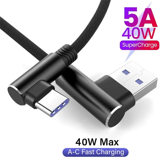 90° 40W USB-C Fast Charging Cable 5A Braided | iPhone & Android USB-C Charging Cable Peaceful Pleasures Health and Wellness