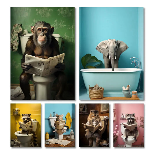 Funny Animals Toilet Canvas Painting Prints Gorilla Elephant Cat Dog Wall Poster Picture for Bathroom Room Home Decoration Peaceful Pleasures Health and Wellness