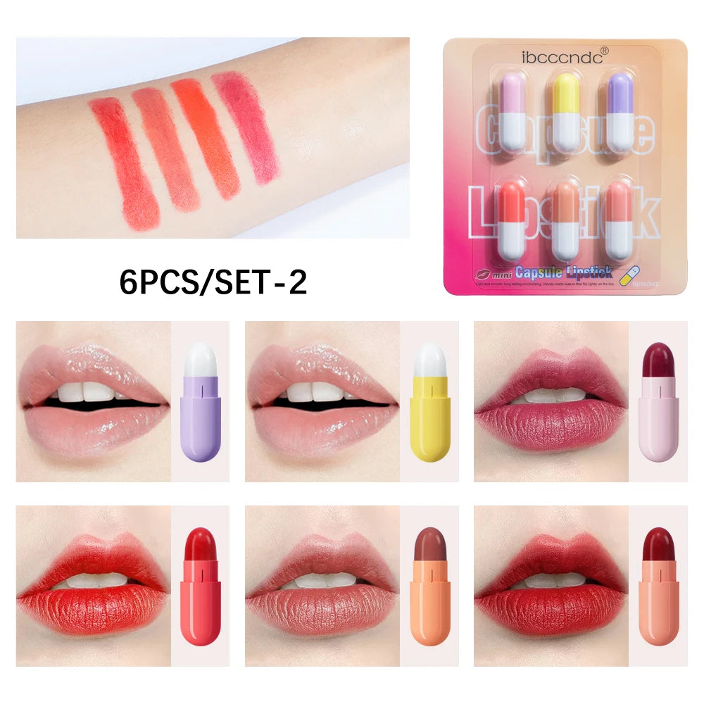6pcs/set Mini Cute Capsule Lipstick Set with Lip Balm Moisturizing Waterproof Non-stick Cup Carry Pill Lipstick Lips Makeup Gift Peaceful Pleasures Health and Wellness set 2