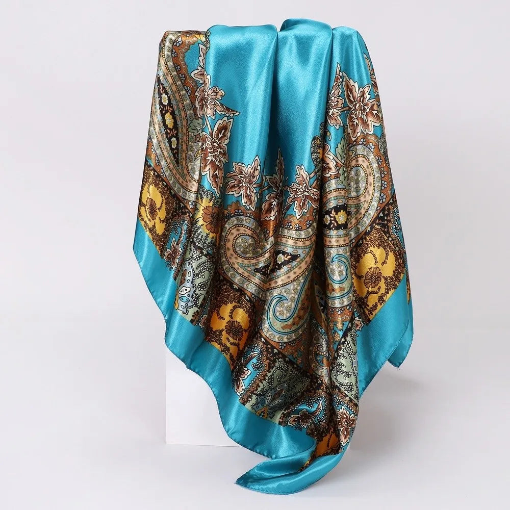 90x90cm Satin Square Scarf – Bohemian Floral Hair Wrap & Shawl
