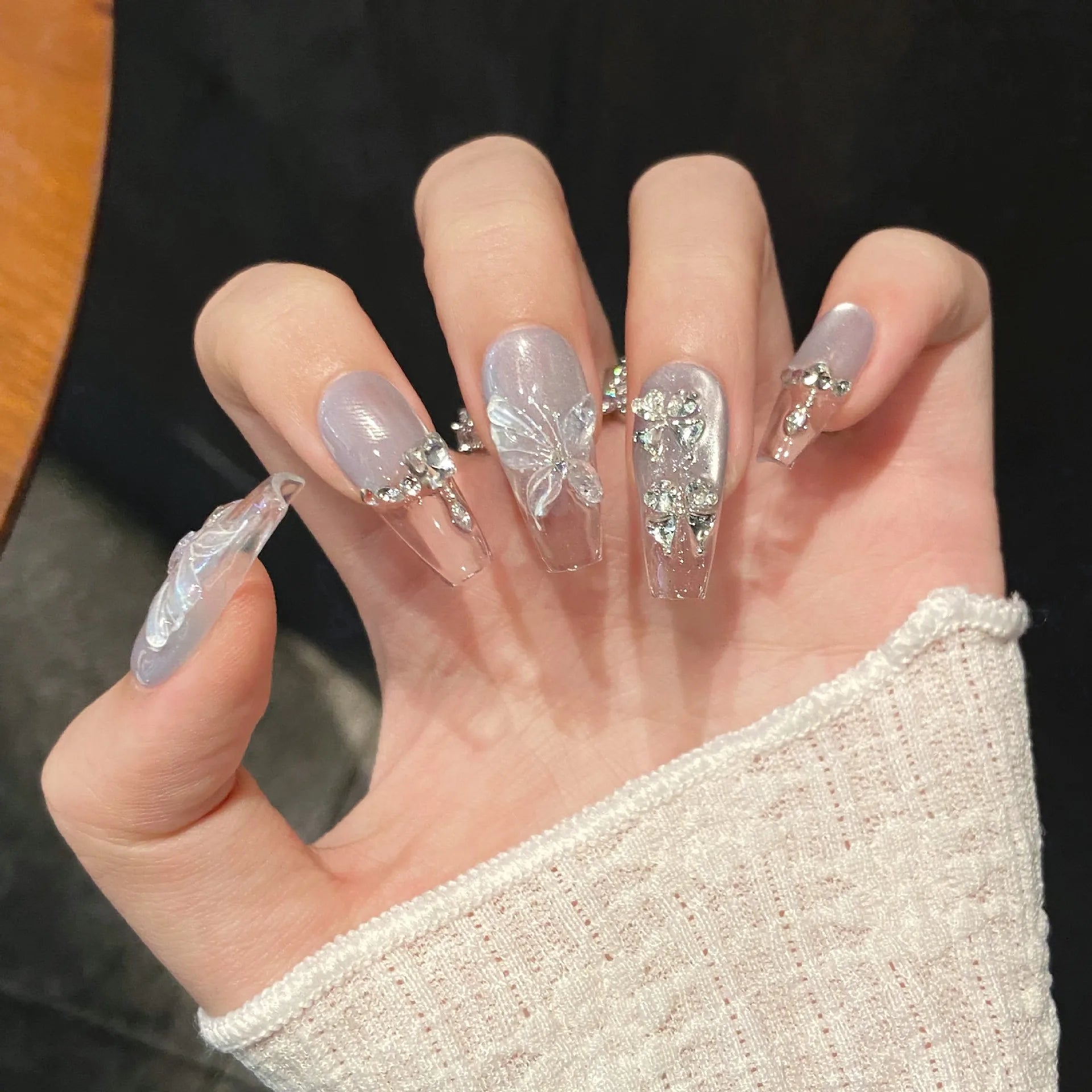 10pcs Handmade Ice Blue Gradient Press on Nails with Butterfly Design Fake Nails Wearable Sweet Summer Fresh Blue Fake Nails Peaceful Pleasures Health and Wellness XS