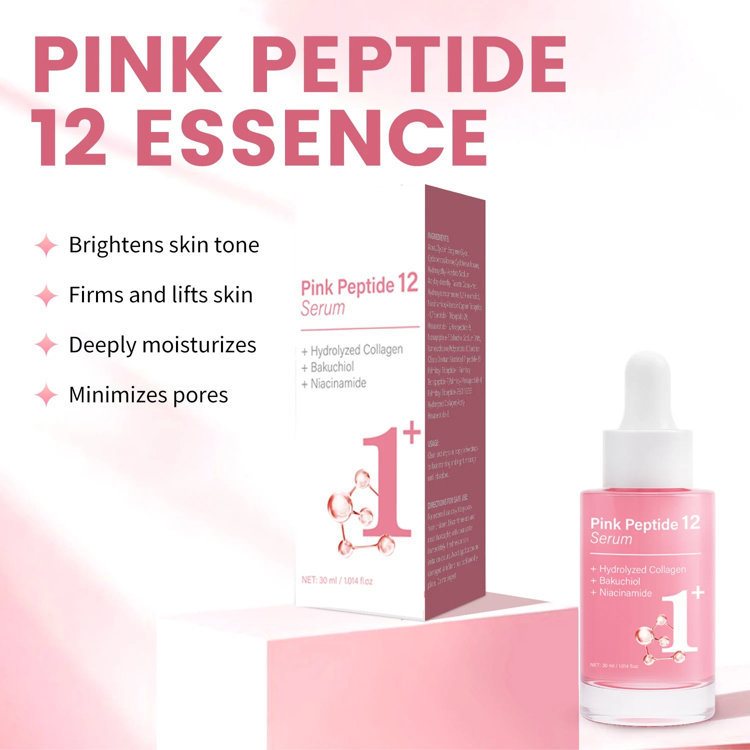 Pink Peptide 12 Serum with Bakuchiol & Niacinamide - Anti Aging Face Serum for Women - Hydrating & Firming 30ml Peaceful Pleasures Health and Wellness