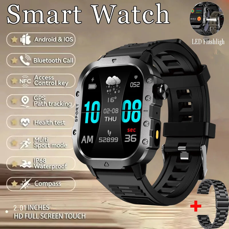 Military Smart Watch Men's Outdoor Sports Waterproof Watch 2.01" HD Touch Screen Voice Bluetooth Call GPS Tracking Smartwatch Peaceful Pleasures Health and Wellness BK22Szstrap