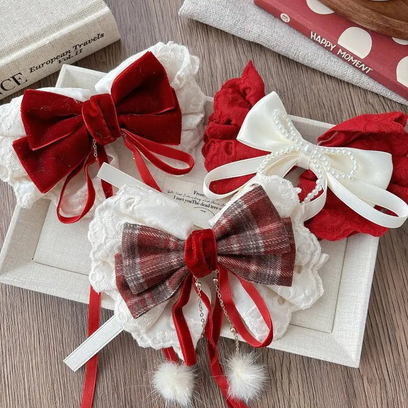 Girls Red Velvet Lace Bow Hair Clip | Korean Princess Hairpin