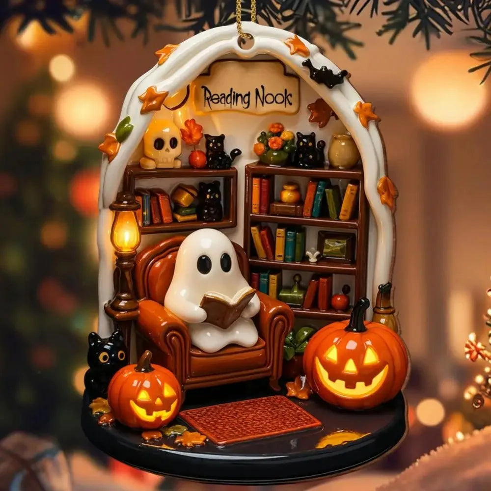 Cute Reading Ghost Halloween Acrylic Ornament | Spooky Décor
