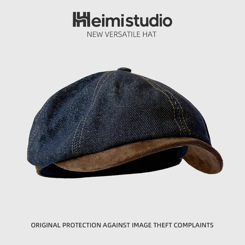Vintage Denim Patchwork Beret Painter Hat | Unisex Cotton