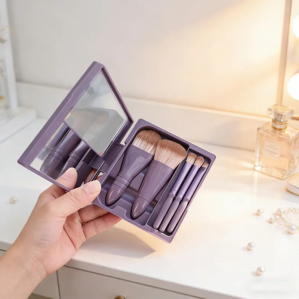 5Pcs Portable Makeup Brush Set With Mirror - Foldable Travel Kit ，Mini Makeup Brush Set Travel Makeup Brush Set Peaceful Pleasures Health and Wellness PURPLE