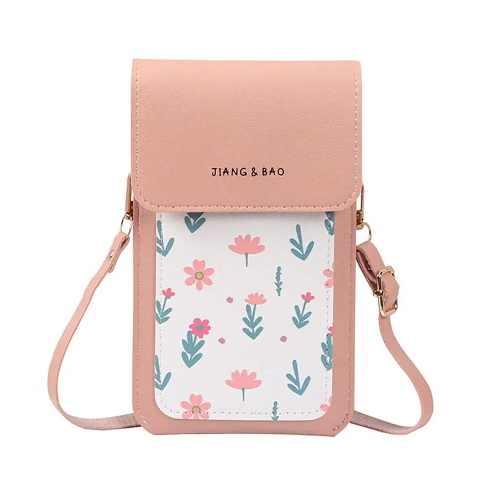 Floral Print Crossbody Phone Bag With Clear Touch Screen Window Mini Cell Phone Pouch Walle For Women Daily Travel Use Peaceful Pleasures Health and Wellness Pink