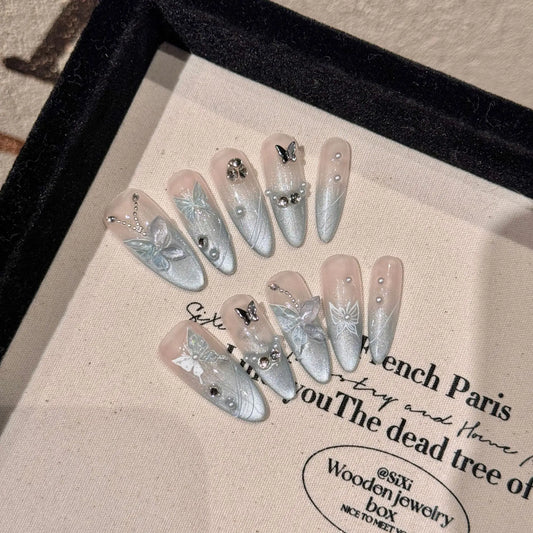 Handmade Press-On Nails Gradient Blue Cat Eye Glitter Butterfly Press-On Nail Set Peaceful Pleasures Health and Wellness L 1